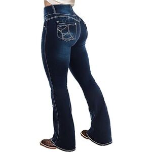 Flamingals bootcut straight leg high rise casual butto fly raw hem stretchy jean